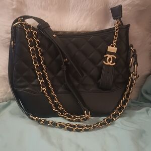 CHANEL Black and Gold Quilted Shoulder Bag